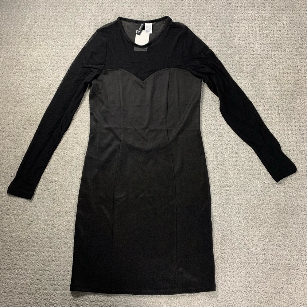 NWT H&M HM Black Mesh Sheer See-Through Back Long Sleeve Pencil Dress, Size 8